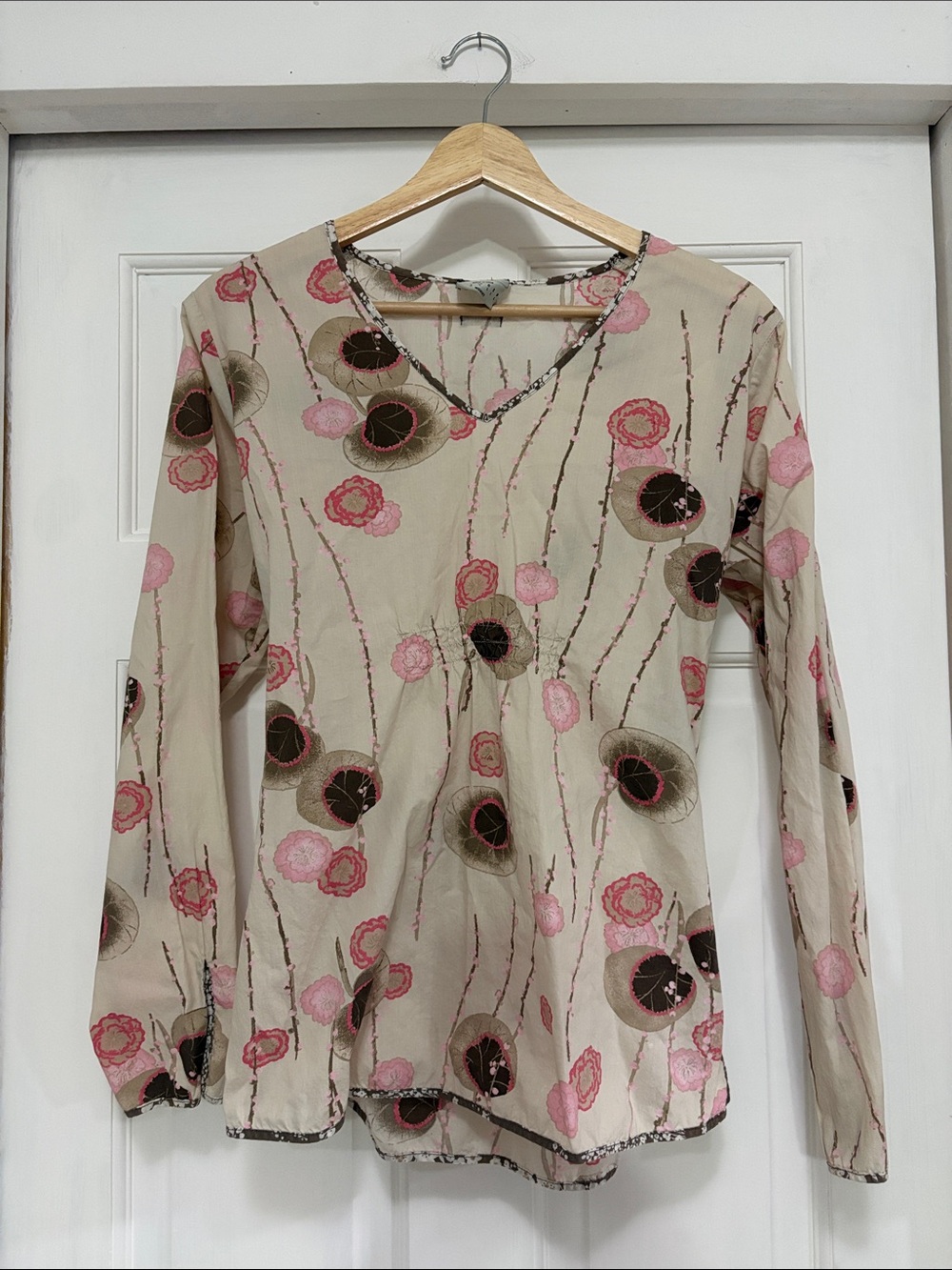 Beige Floral Long-Sleeve V-Neck Tee with Pink Accents